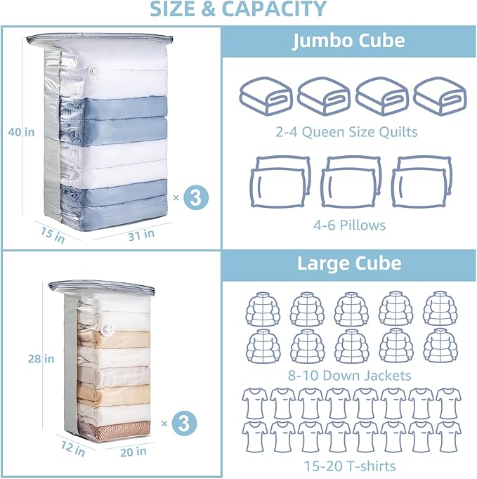 6 Pack Vacuum Storage Bags, Cube Combo (3 Jumbo+3 Medium), Vacuum Seal Bags for Clothing, Bedding, Blanket, Space Saving Closet Organization-NeatNest