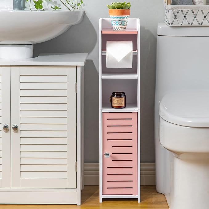 AOJEZOR Toilet Paper Holder Stand: Small Bathroom Storage Cabinet - Rose Dawn - White-NeatNest