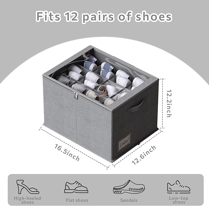 2 Pack Shoe Organizer for Closet - Shoe Storage Bins with Clear Cover, Fabric Shoe Storage Containers with Reinforced Handles, Fits up to 24 Pairs (Grey, 16.5 * 12.6 * 12.2in)-NeatNest