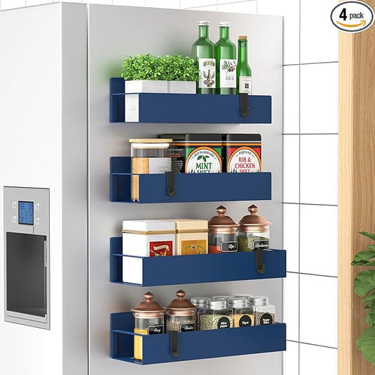 4 Pack Magnetic Spice Storage Rack Organizer for Refrigerator and Oven, Royal Blue Fridge Organizers and Storage