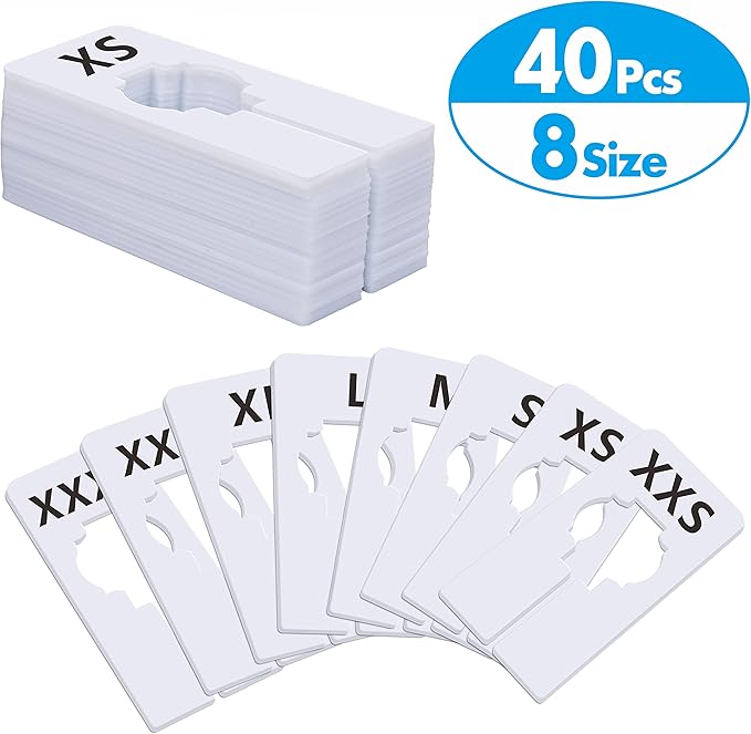 40 Pack Rectangular White Plastic Clothing Size Closet Rack Dividers Hangers, Preprinted in 8 Sizes XXS, XS, S, M, L, XL, XXL, XXXL (2.5”x 5”, Inner Diameter 1.38”)-NeatNest