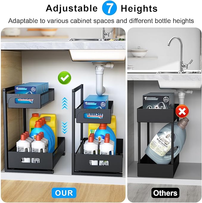 Under Sink Organizer Pull Out Cabinet Organizer Adjustable Height 2 Tier with Sliding Drawers Kitchen Bathroom Organizer and Storage(1pc)-NeatNest