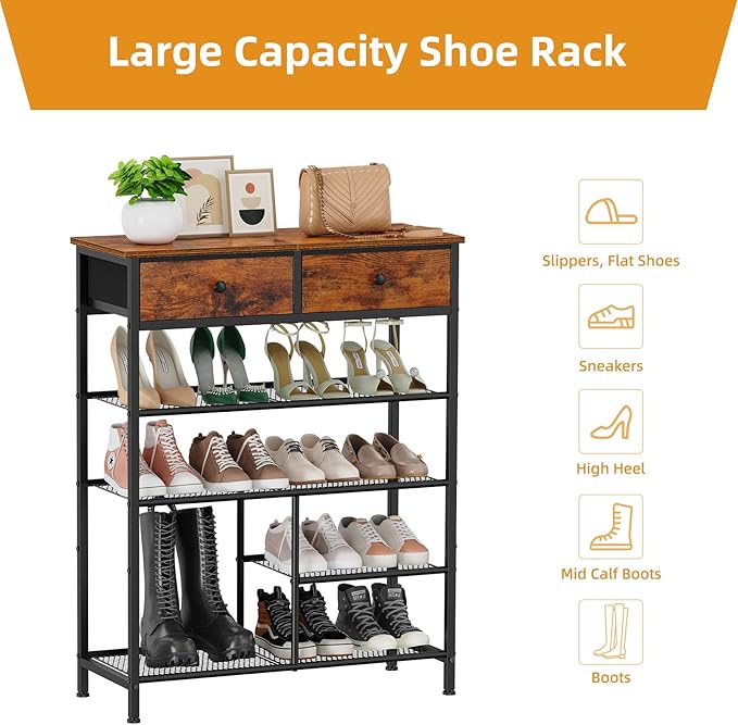 Snughome Shoe Rack, 5 Tier Shoe Storage Organizer with 2 Drawers, Shoe Storage Shelves with Sturdy Wooden Top and Metal Shelves, Free Standing Shoe Rack for Entryway Closet-NeatNest