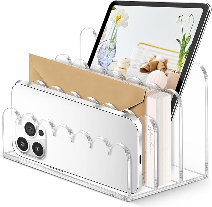 Acrylic Scalloped Mail Holder Organizer Sorter for Desk Clear Print Script Letter Holder Countertop 3 Upright Compartments Laddered Envelope Stand for Office Home School
