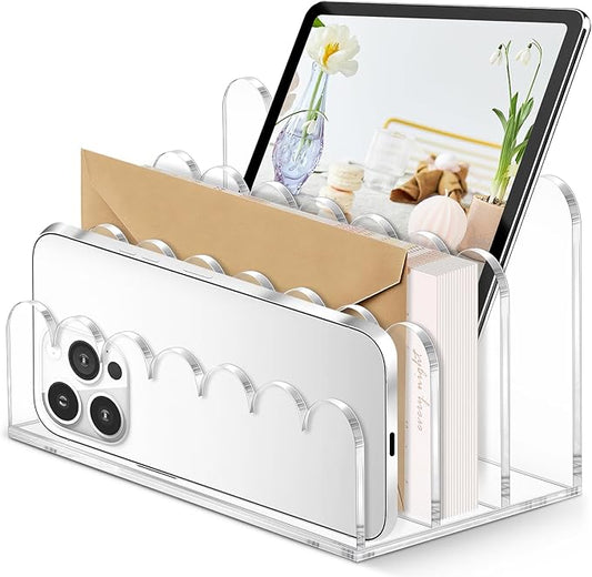 Acrylic Scalloped Mail Holder Organizer Sorter for Desk Clear Print Script Letter Holder Countertop 3 Upright Compartments Laddered Envelope Stand for Office Home School