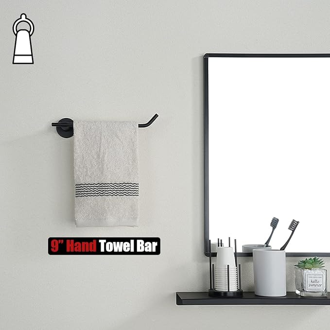 JQK Black Hand Towel Holder, Stainless Steel Towel Bar for Bathroom, 9 Inch Necklace Holder Matte Black Wall Mount, TR100-PB