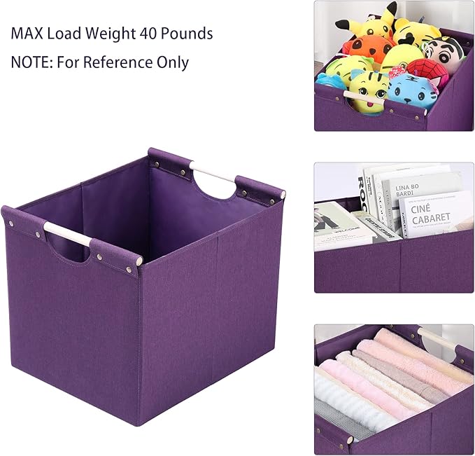 HOONEX Large Collapsible Storage Bins, Linen Fabric, Pack of 2, Storage Baskets with Wooden Carry Handles and Sturdy Heavy Cardboard, for Home, Office, Car, Nursery, Dark Purple