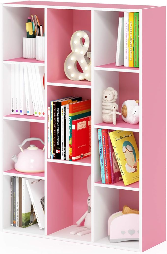 Furinno Luder Bookcase / Book / Storage , 11-Cube, White/Pink-NeatNest