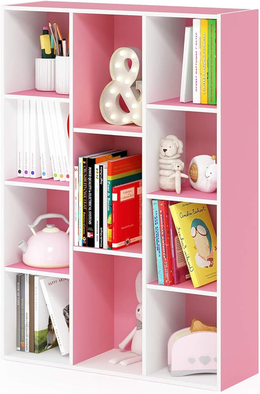 Furinno Luder Bookcase / Book / Storage , 11-Cube, White/Pink-NeatNest