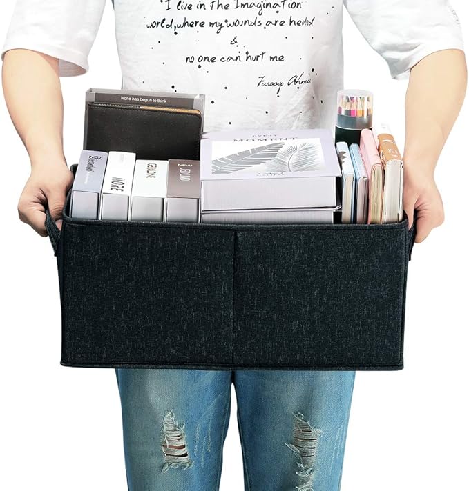 HOONEX Linen Foldable Storage Bins with Lids, 2 Pack, Storage Boxes with Carrying Handles and Sturdy Heavy Cardboard, 16.5" L x 11.8" W x 7.5" H for Shoes, Books, Clothes, Nursery, Dark Grey-NeatNest