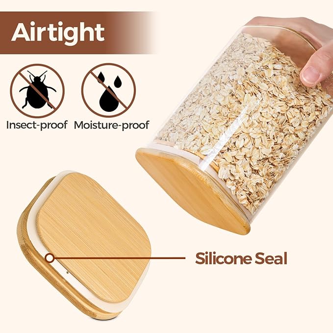 ComSaf 0.8 Qt Glass Jars with Bamboo Lids & Spoons Set of 4, Square Glass Containers with Lids, Sugar Coffee Containers Salt Spice Jars, Pantry Storage Container for Loose Tea, Candy, Brown Sugar, Nut-NeatNest