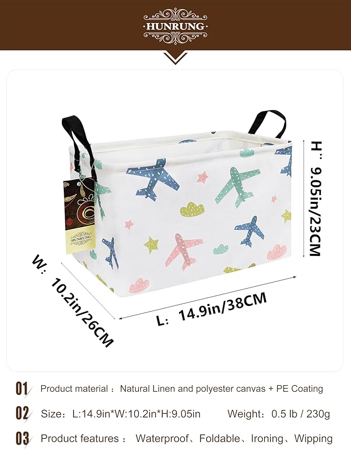 HUNRUNG Rectangle Storage Basket Cute Canvas Organizer Bin for Pet/Children Toys, Books, Clothes Perfect for Rooms/Playroom(REC-Color Aircraft)