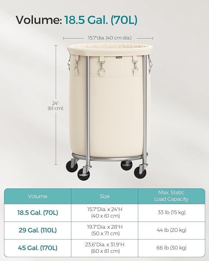 SONGMICS Laundry Basket with Wheels, Rolling Laundry Hamper, 18.5 Gal., Round Laundry Cart with Steel Frame and Removable Bag, 4 Casters and 2 Brakes, Cream and Silver URLS006W01