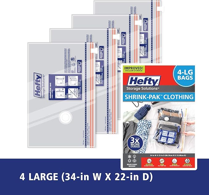 Hefty Shrink-Pak - 4 Large Vacuum Storage Bags for Clothes, Pillows, Towels, or Blankets - Space Saver Vacuum Sealer Bags Ideal Under Bed Storage Solutions-NeatNest