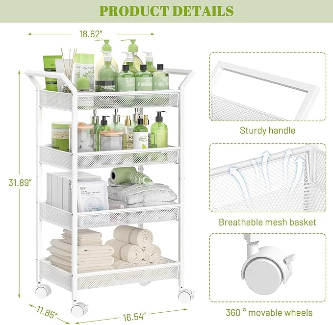 4-Tier Standing Storage Shelves, Shelving Unit with Wheels, Freestanding Shelf for Bathroom, Laundry, Kitchen Organizers and Storage,White-NeatNest