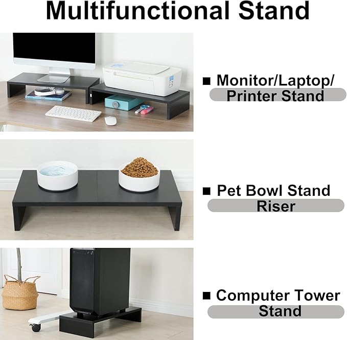TEAMIX 2 Pack Monitor Stand Riser-20 inch, Black Desktop Stand for PC/TV/Laptop/Printer, Keyboard Shelf Organizer Wood Monitor Riser with Storage-NeatNest