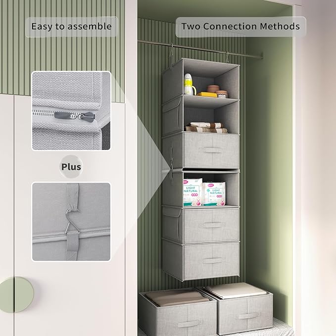 Vailando 6-Shelf Hanging Closet Organizer, 2 Separable 3-Shelf Hanging Shelves with 3 Drawers for Wardrobe, Nursery, Baby Clothes Organization and Storage-NeatNest