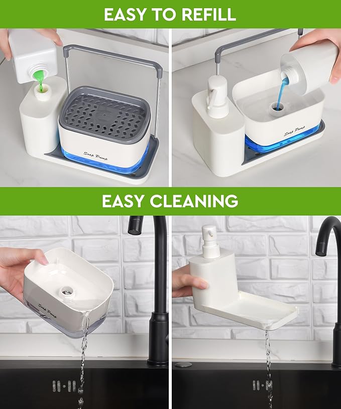 Hand and Dish Soap Dispenser Set with Tray, Dual Soap Dispenser with Sponge Holder and Dishcloth Holder 5-in-1 Organizer for Kitchen Sink Countertop Storage Organize - Useful Kitchen Gadgets (White)-NeatNest