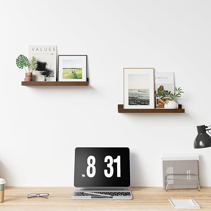 Floating Shelves for Wall, 16 inch Solid Wood Picture Ledge Shelf, Picture Shelf for Wall with Ledge, Floating Book Shelves for Living Room Bedroom Kitchen Nursery Decor, Walnut, Set of 2-NeatNest