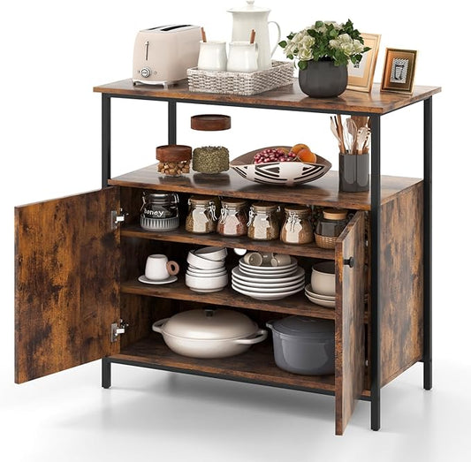 Buffet Cabinet, Industrial Storage Cabinet with Doors and Shelves, Wood Buffets & Sideboards, Farmhouse Coffee Bar, Rustic Console Table for Kitchen, Dining Living Room, Entryway-NeatNest