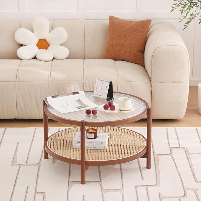 Tiita Rattan Nightstand Side Table, Bamboo Accent Bedside Tables, Glass Coffee Tables, Boho Wooden End Table with Storage for Small Space, Living Room and Bedroom