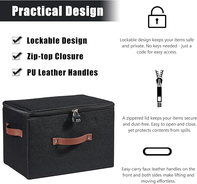 2PCS Storage Bins Boxes with Zipper Lid Combination Lock PU Leather Handles Cotton Linen Fabric Lidded Lockable Baskets Foldable Washable Closet Shelf Organizer Container (Black, Large)