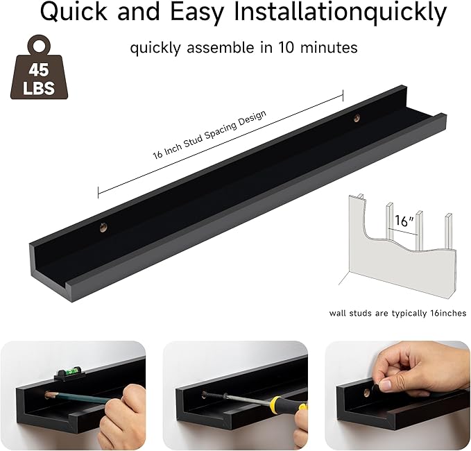 Fun Memories Picture Ledge Shelf, 24 Inch Floating Shelves Set of 2, Nursery Book Shelves for Toys Storage, Kids Bookshelf Wall Mounted for Wall Decor Books Photo Frames, Black-NeatNest