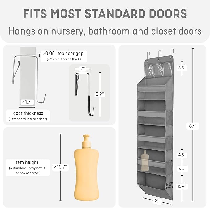 Heavy Duty Over The Door Organizer Hanging Storage – 6-Tier Behind The Door Storage with 5 Large, 6 Side & 3 PVC Pockets – 50 lbs Hanging Organizer for Closet, Nursery, Bathroom – 1 Pack, Gray-NeatNest