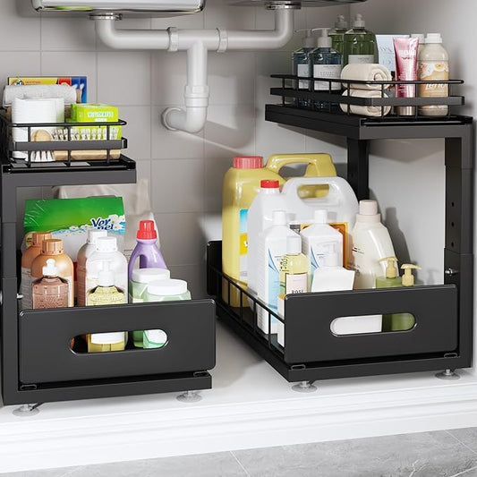 2 Pack Under Sink Organizer Upgrade To Professional Rails,2-Tier Dual Pull Out Cabinet Storage,Height Adjustable Slide Out Drawers For Bathroom Kitchen,Under Sink Shelf (Patent Registered)-NeatNest