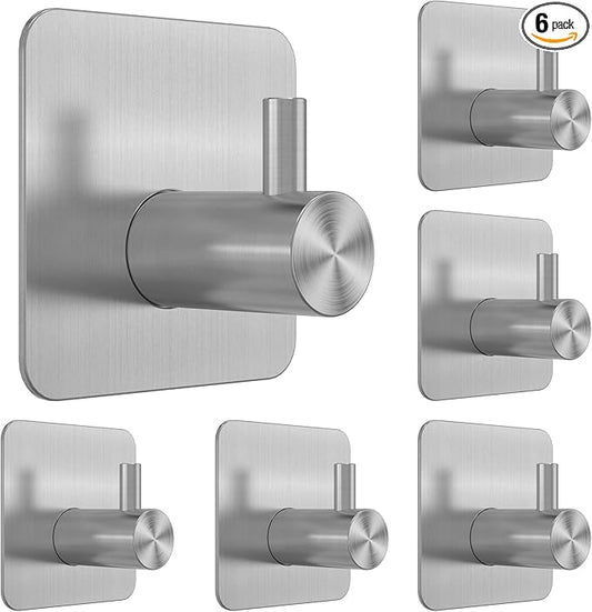 6 Pcs Adhesive Wall Hooks for Hanging - Waterproof Shower Hooks, Heavy Duty Towel Hooks for Bathrooms, Kitchens, and Offices (Silver)