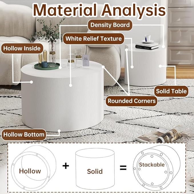 Round Nesting Coffee Table Set of 2 Modern White Fluted Coffee Table Small Round End Table Crescent Side Table Circular Coffee Tables Nested Coffee Tables for Living Room (Cream Small)
