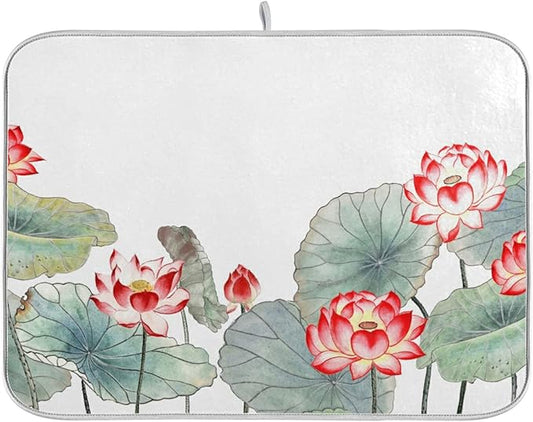 Absorbent Dish Drying Mat for Kitchen Counter - Watercolor Lotus Microfiber Drying Pad, Reversible Drainer Mats for Countertop, Small 16" x 18"