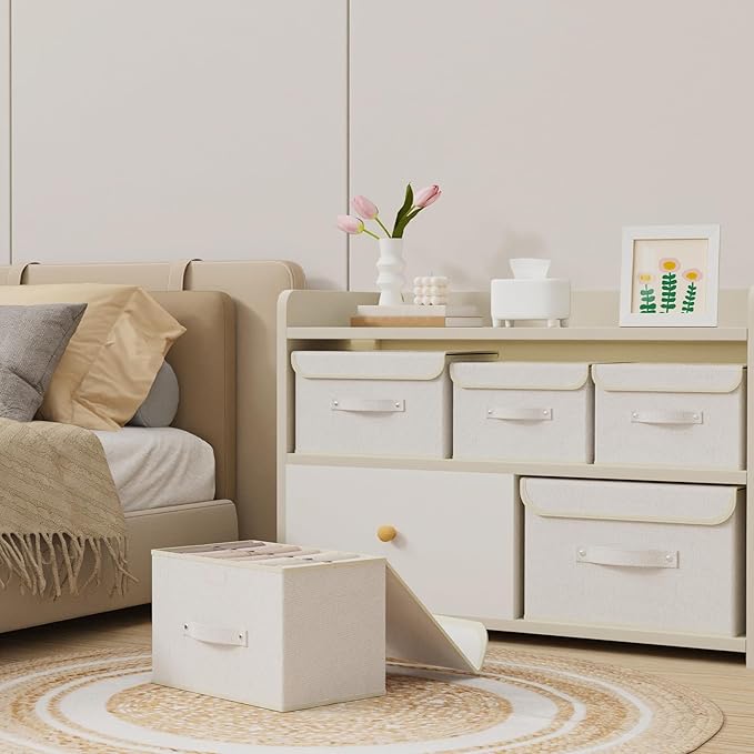 Fabric Storage Bins Cube Organizers with Flip-Top Lid and Handles,Storage Boxes for Organizing Home,Office,and Closet,Beige,3 Pack 13 X 9.1 X 7.9 in-NeatNest