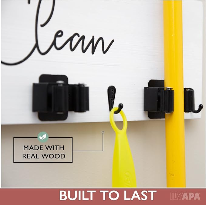 Ilyapa Broom Organizer Wall Mount, Broom and Mop Organizer Hanging, White Wooden Hanger Wall Mount, Kitchen Laundry Room Storage Rack Holder, Farmhouse Arranger with Hooks