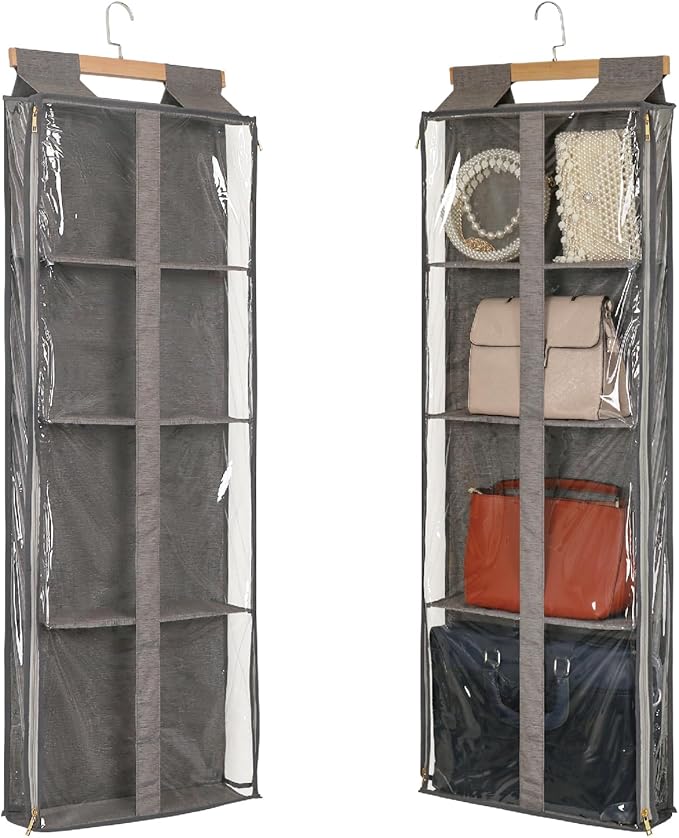 Clear Hanging Handbag Storage Organizer with Zippers, Door Purse Organizer Space Saving 4 Pockets for Closet Bedroom Living Room (Brown)-NeatNest