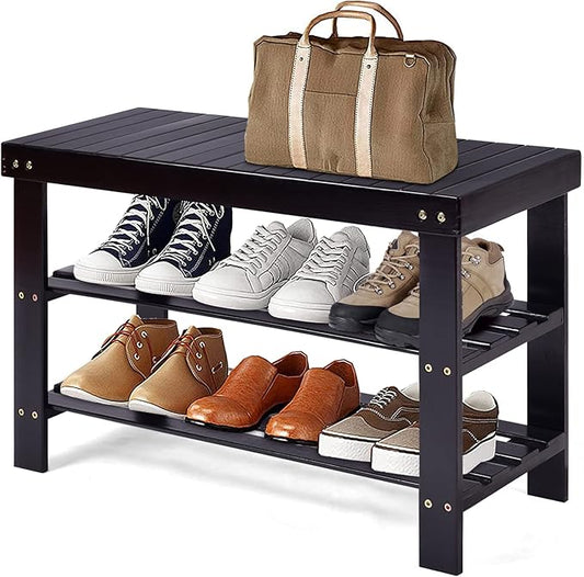 Safeplus 27.5" Bamboo Shoe Rack Bench, 3-Tier Entryway Shoe Organizer, Storage Shelf for Shoes, Slippers, Holds up to 220lbs for Hallway Bathroom Living Room Balcony