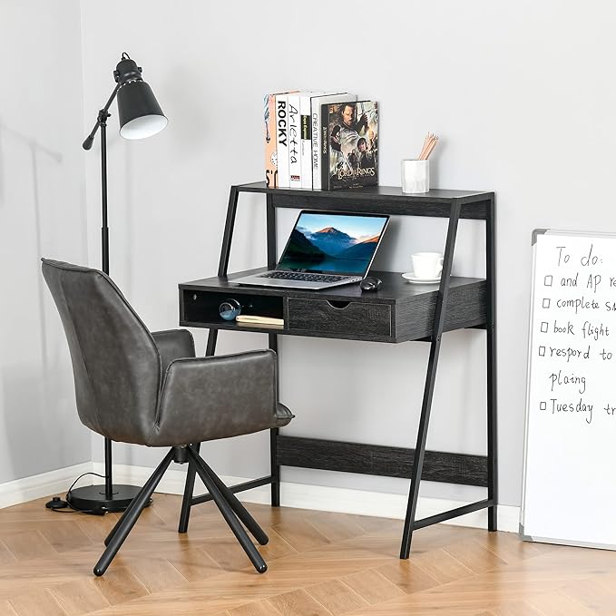 HOMCOM Home Office Desk, Computer Desk with A Frame for Small Spaces, Writing Table with Drawer and Storage Shelves, Charcoal Gray-NeatNest