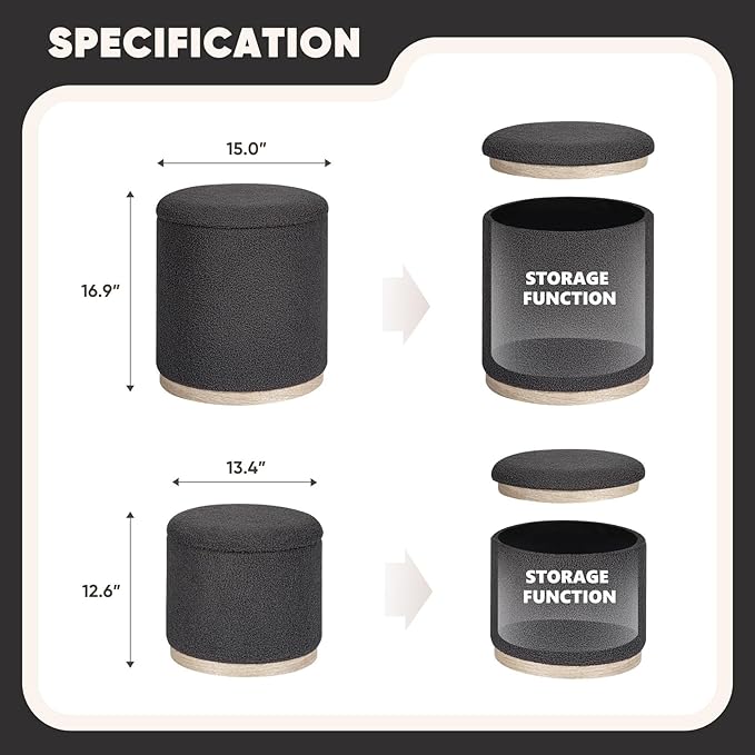 B FSOBEIIALEO Storage Ottoman Round Boucle Ottomans with Tray, Set of 2 Teddy Foot Rest Ottoman Cube with Storage for Living Room, Dark Grey 15"x15"x16.9"
