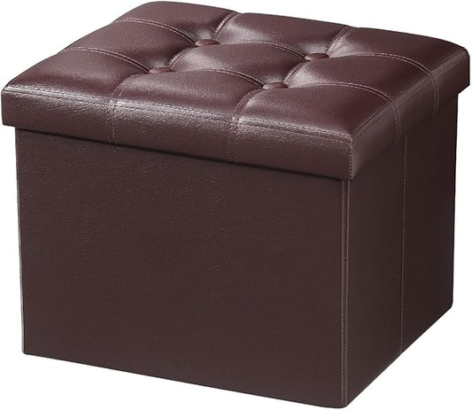 AmasSmile Storage Ottoman Folding Foot Rest Stool, Leather Footstool Bench, Short Ottoman Stool, Storage Foot Rest Store, Books (Brown, 17" D x 13" W x 13" H)-NeatNest