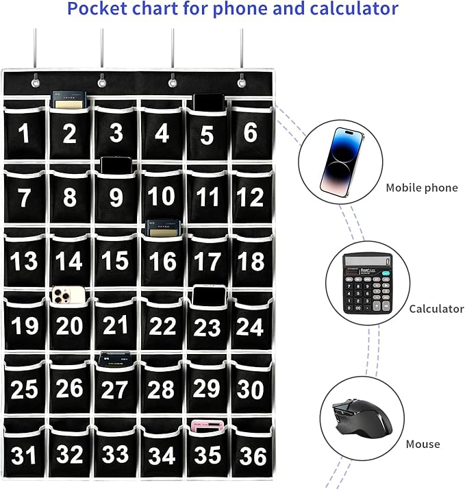 36 Pockets Black Numbered Classroom Pocket Chart for Cell Phones, Hanging Pocket Chart Storage for Classroom Phone Calculator Holder with 4 Hooks (Black-36pockets)-NeatNest