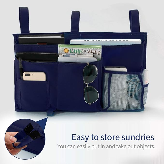 Bseash Bunk Bed Organizer, Bedside Caddy Hanging Bed Organizer Storage Bag 8 Pockets, for College Dorm Rooms Bed, Hospital Bed, Baby Bed Rails, 600D Oxford Cloth (Navy Blue)-NeatNest
