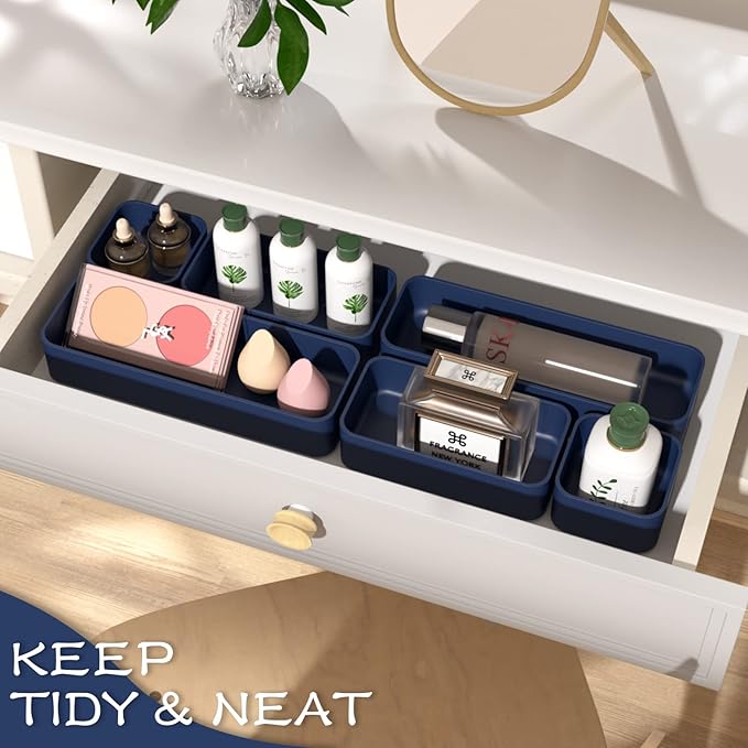 CHANCETSUI 6 PCS Stackable Drawer Organizers Set, Versatile Desk and Vanity Drawer Organizer Trays, Storage Bins for Makeup, Bathroom, Bedroom, Kitchen and Office, Blue-NeatNest