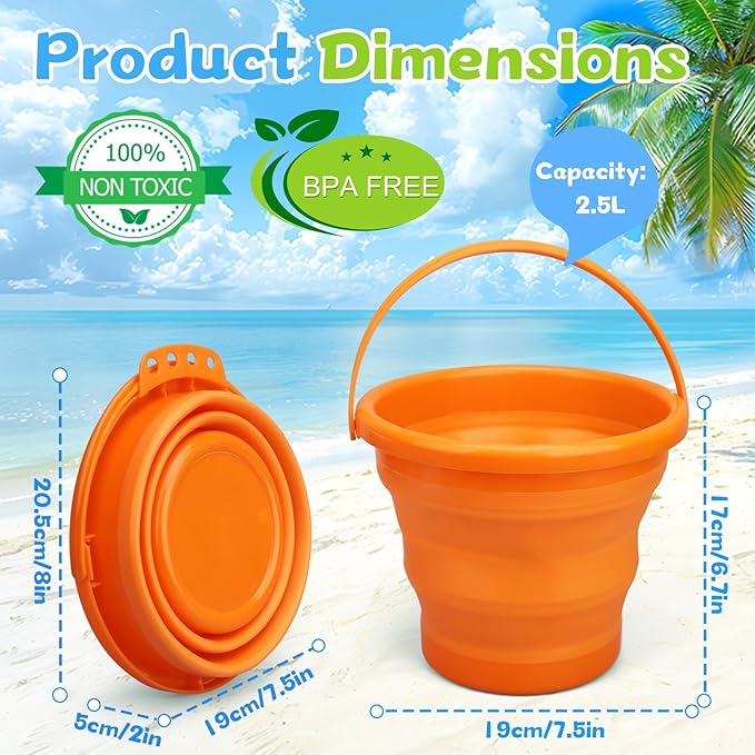 Foldable Beach Sand Toy Bucket for Kids Adults, Jumbo Collapsible Sandbox Bucket, Foldable Pail with Mesh Bag, Multi Use for Garden Beach, Camping, Easter Basket Gift, Fishing, Travelling 3PCS-NeatNest