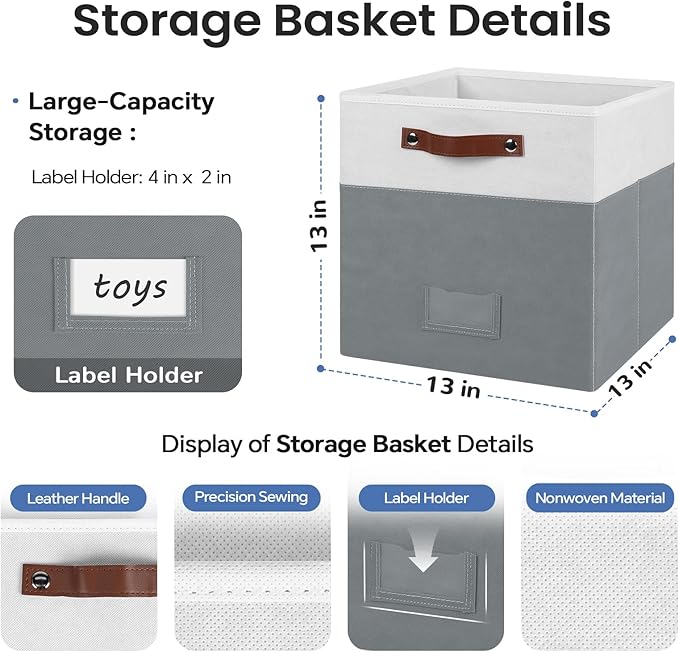 6-Pack Collapsible Fabric Storage Cubes with Handles & Label Holders, Closet Cube Home Organizer Bins (White/Dark Grey, 13 x 13 x 13 inch)