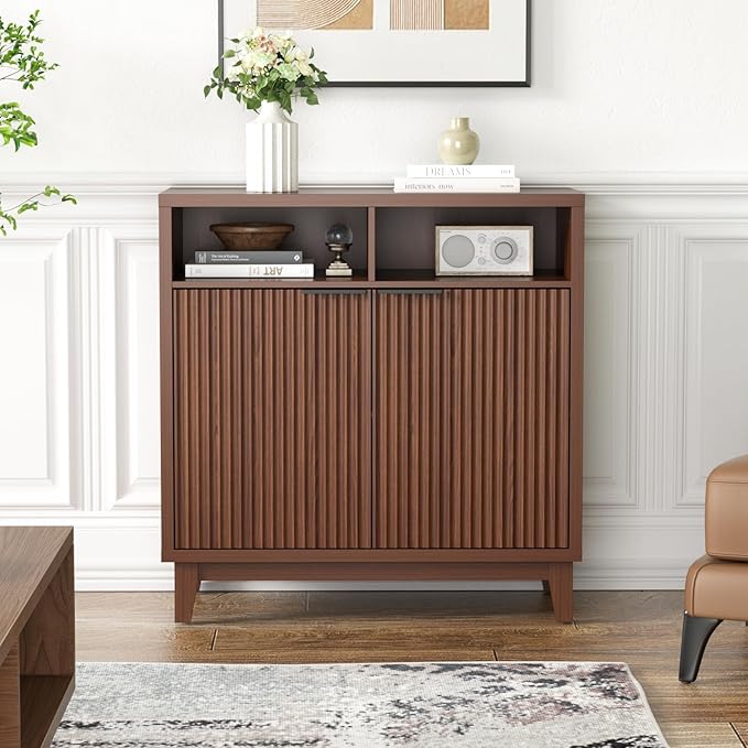 Buffet Cabinet with Storage - Elegant Fluted Storage Cabinet with Adjustable Shelves and Solid Wood Leg, Modern Buffet Sideboard for Living Room, Dining Room, Entryway-NeatNest