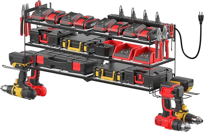 CCCEI Large Garage Tools Storage with Charging Station. Power Tool Battery Organizer Utility Shelf with Power Strip. 4 Drills Holder Wall Mount Rack, Black 3 Layer.-NeatNest