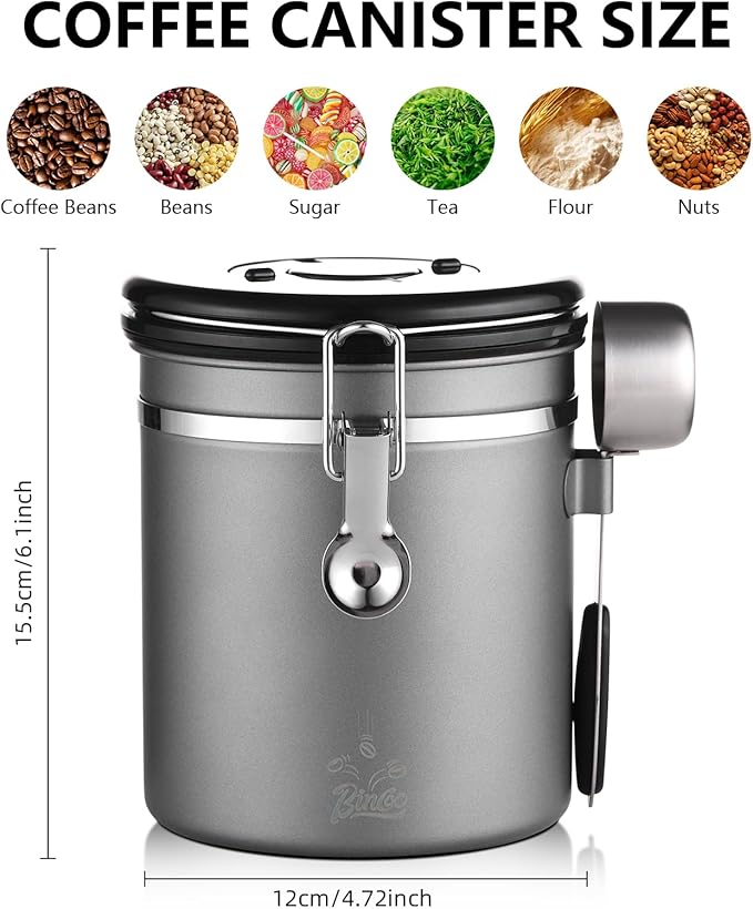 Bincoo Premium Grey Coffee Canister, 1500ml/18oz Large Airtight Stainless Steel Coffee Bean Storage Container with Date Tracker & Scoop (1500ML-Grey)-NeatNest