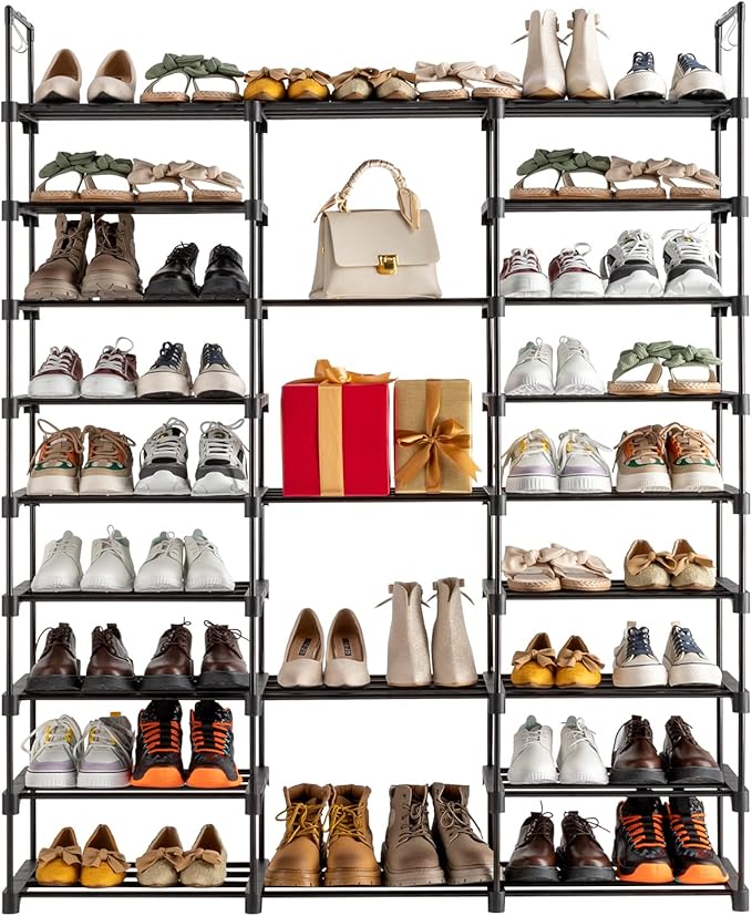 9-Tier Tall Shoe Rack - Free Standing Shoe Shelf Organizer - Large Metal Closet Organizer with Hooks - Stackable Stand for Bedroom Entryway - Holds Up to 55 Pairs of Shoes-Black-NeatNest