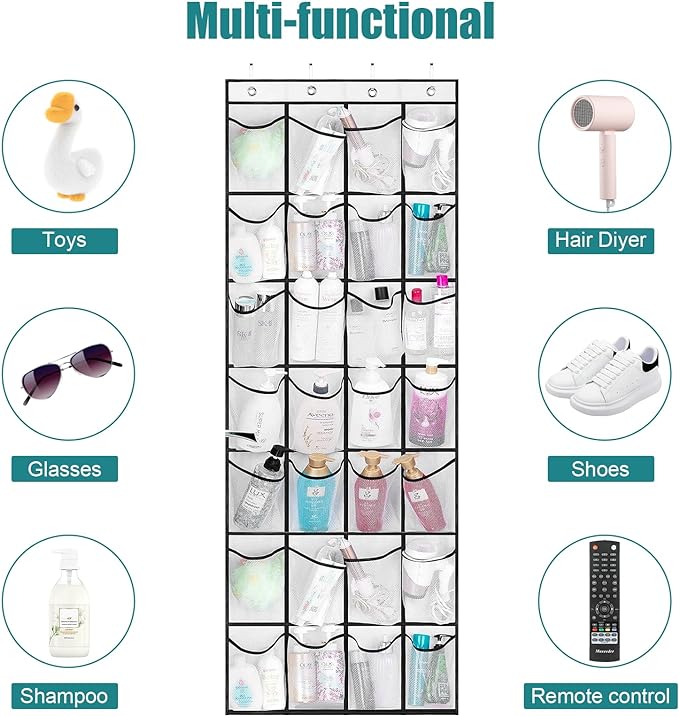 28Large Pockets Over The Door Shoe Organizer, Hanging Shoe Organizer for Closet, Premium Clear Shoe Rack for Door, Shoes Hanger Organizers Storage Holder for Back of Door and 4Metal Hook White-NeatNest