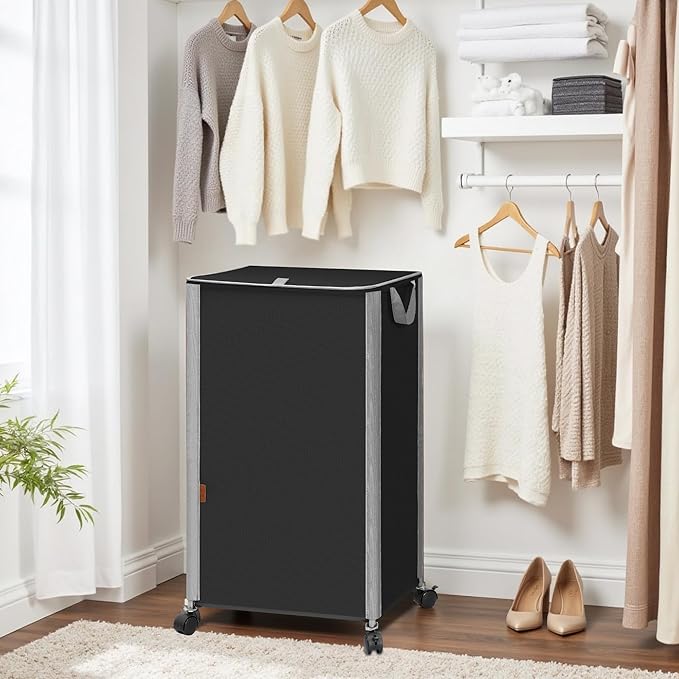 STORAGE MANIAC Rolling Laundry Hamper with Lid, 23.7 Gal (90 L) Large Tall Laundry Basket with Wheels & Handles, Aesthetic Dirty Clothes Hamper for Small Space, Dorm, Apartment, College, Black